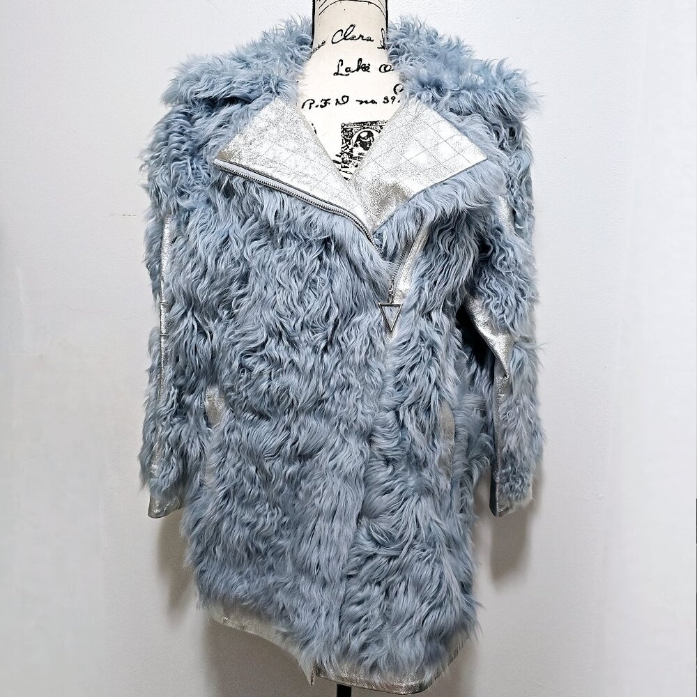 New Real Toscana Sheepskin Lamb Fur Overcoat Jacket Sky Ice Blue Silver Leather